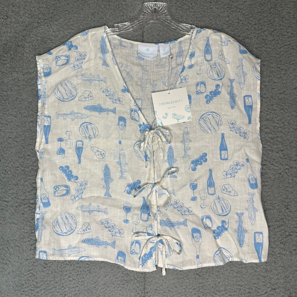 Cynthia Rowley Linen Tie Front Top Blue White Fish Wine Print Sleeveless Large